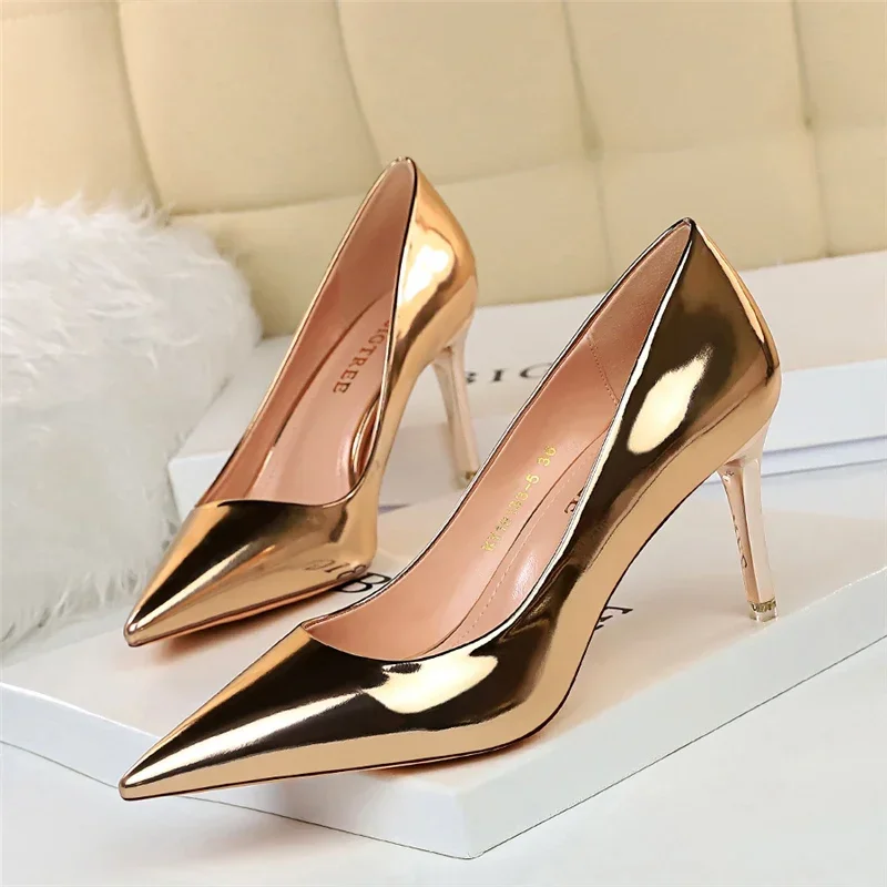 Women Fashion 7.5cm 10.5cm Glossy Leather New High Heels Lady Daily Party Low Heels Prom Fetish Gold Silver Drag Queen Pumps