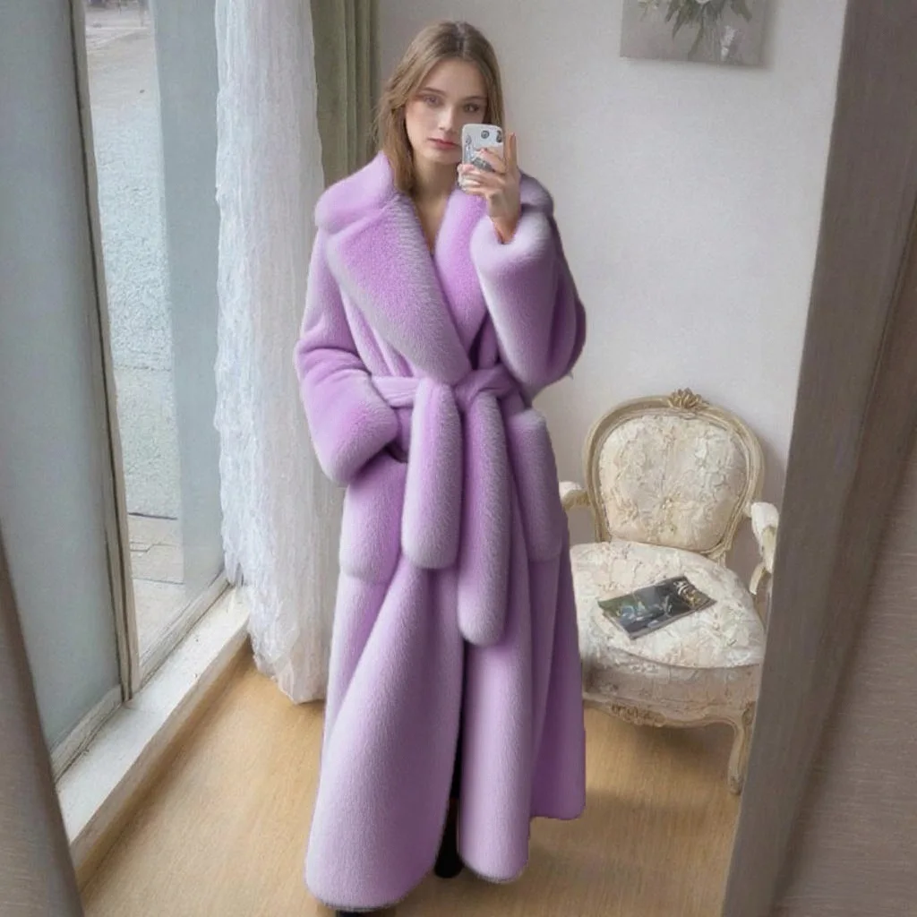 2025年冬 アメリカンスタイル レディースファッション レトロ フェイクファーコート エレガント 気品 ソーシャライト 厚手 プラッシュ レースアップ ロングジャケット