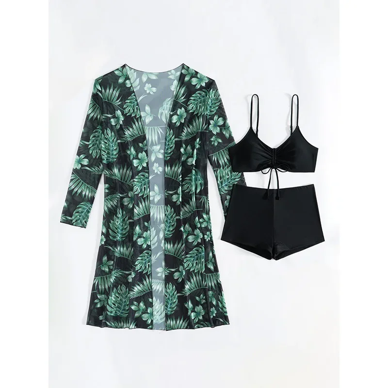 Women Bathing Suit 3 Piece Swimsuit Kimono Sports High Waist Bikini Beach Cover Up Drawstring Swimwear Print Bathing Suit Swim