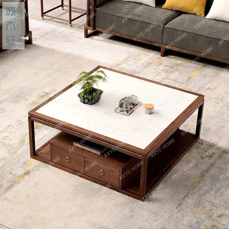 New Chinese solid wood coffee table, black walnut living room sofa rock slab tea, modern simple square tea table