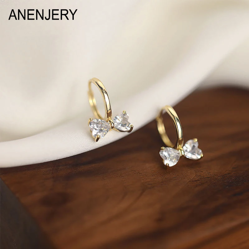 ANENJERY Sweet Zircon Bow Hoop Earrings for Women Exquisite Golden Silver Color Cute Huggies Jewelry pulseras mujer