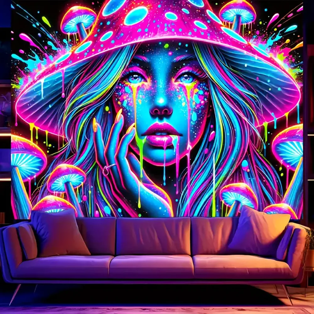 Black Light Girl Tapestry Hippie UV Reactive Psychedelic Beauties Tapestry Wall Hanging Fantasy Mushrooms Wall Decor Backdrop