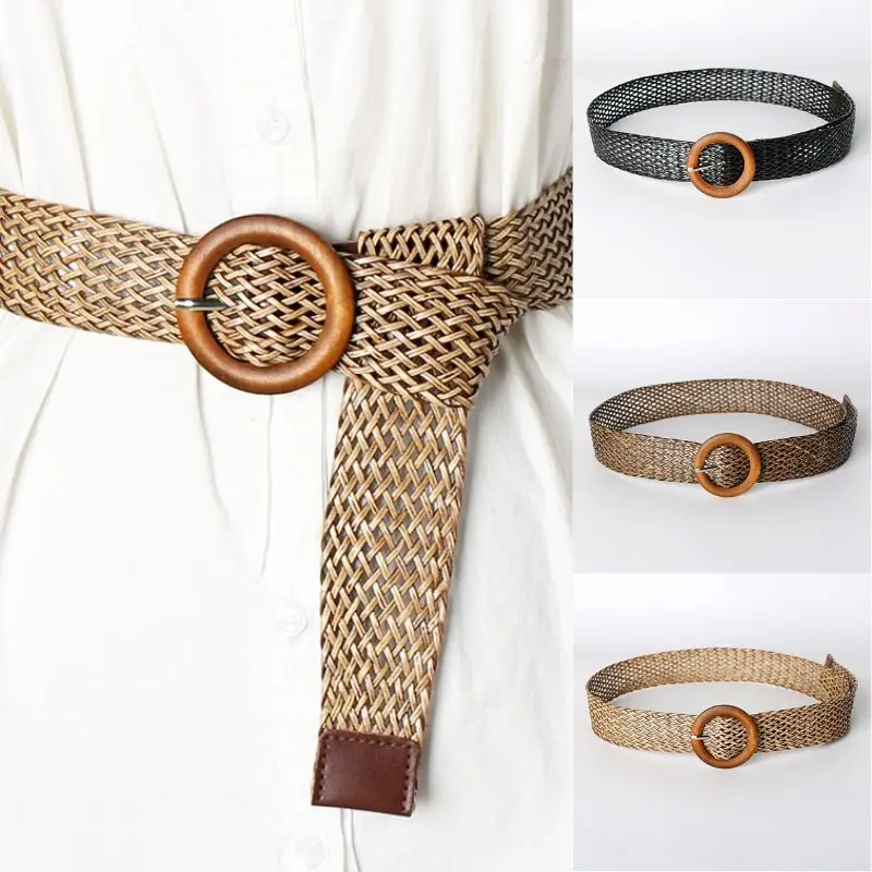 Ethnic Style Women's Elastic Woven Belt Fashion Retro Jeans Suit Pants Waistband Casual Round Buckle Waist Band For Belts Men