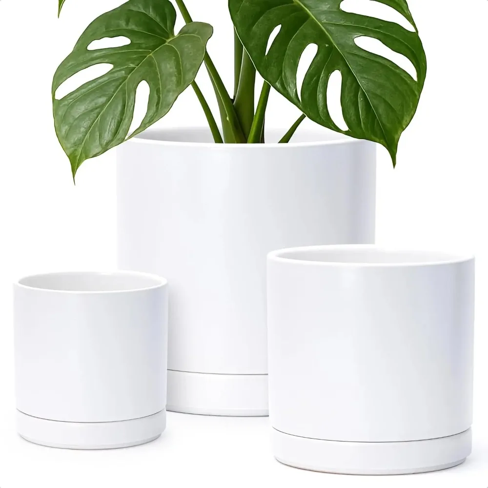 

6 Inch & 8 Inch & 10 Inch, Set of 3 Round Ceramic Planter Pot with Drainage Hole and Saucer, White, 94-T-L-1