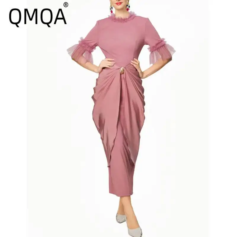 QMQA Fashion Women's Elegant Dresses Round Neck Mesh Short Sleeve Slim-Fit Black Princess Dress 2026 Female New Clothing QM1350