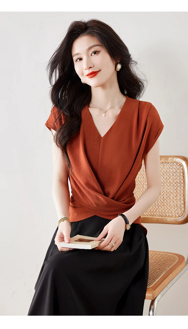 Summer Women's Chiffon Short Sleeve Shirt Cross V Neck Slim Fit Sexy Tops