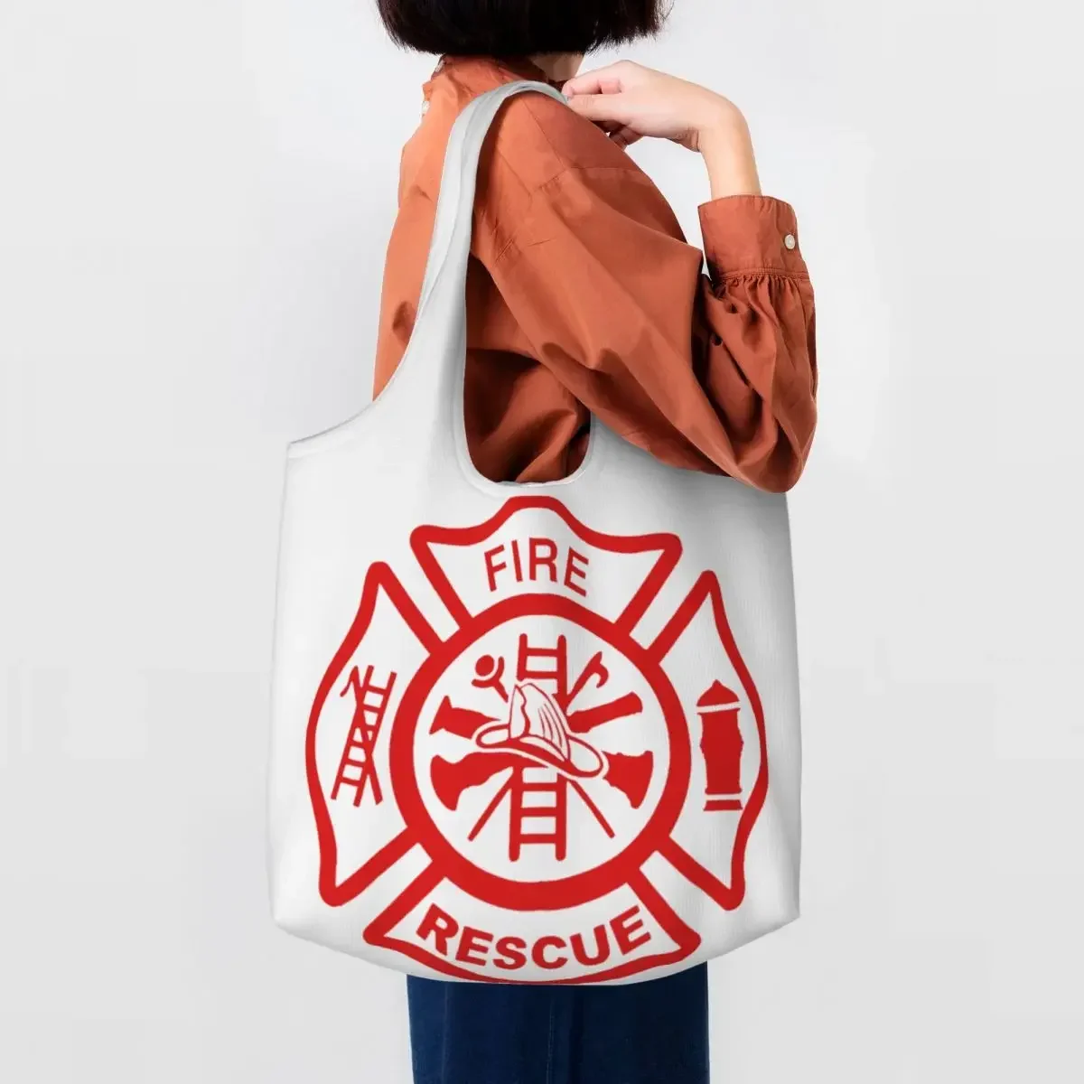 Fashion Printed Fire Rescue Firefighter Shopping Tote Bags Recycling Canvas Shoulder Shopper  Handbags