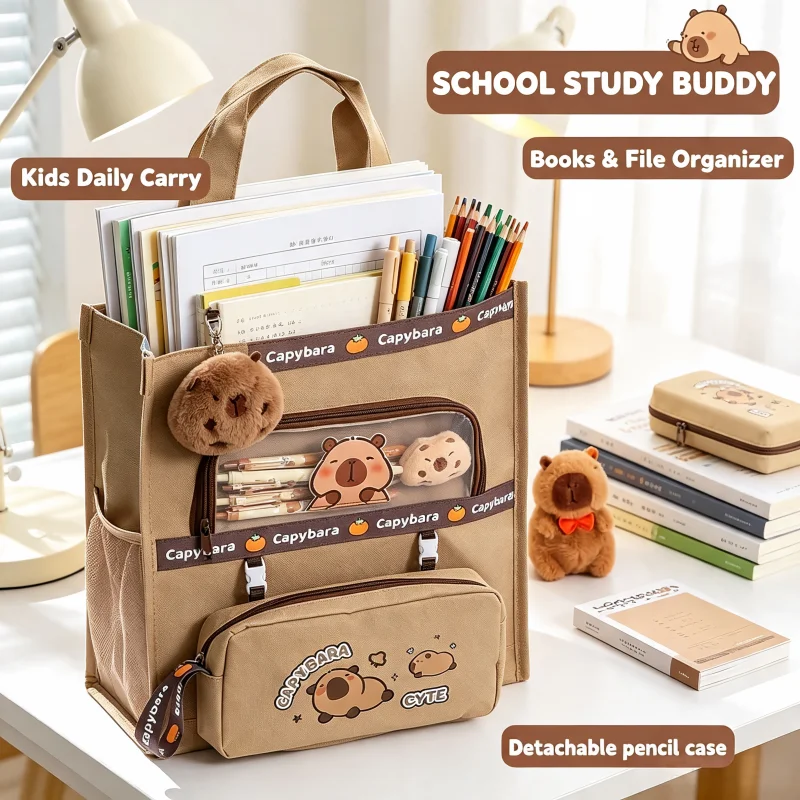 Kawaii Capybara Cartoon Print Canvas Tutorial Bag, Large Capacity Student File Storage Handbag For Primary School Daily School S