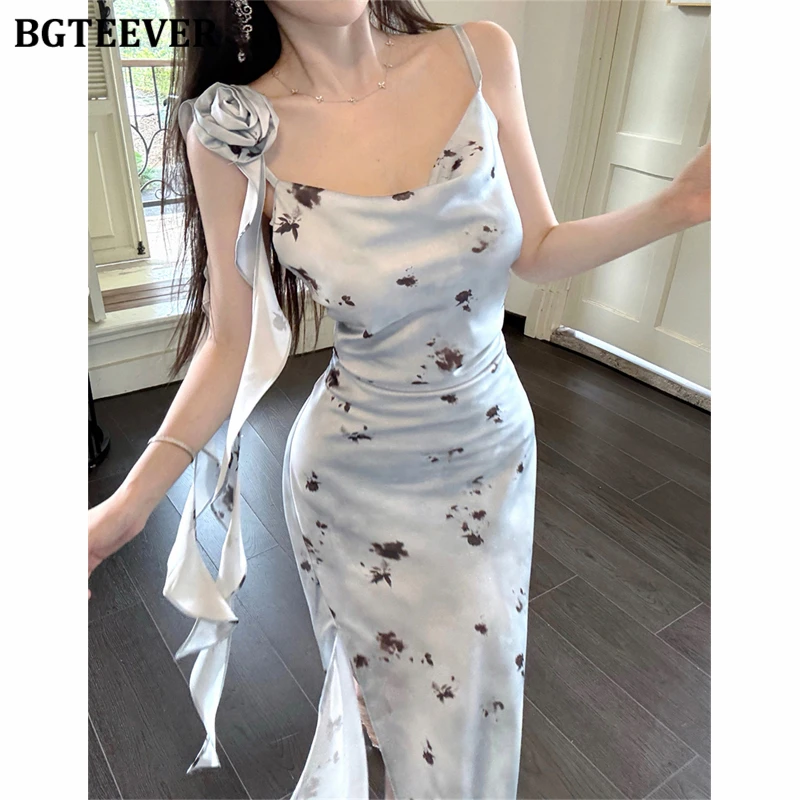 Bgteever elegante verão magro senhoras cinta de espaguete bodycon vestido impresso elegante feminino sem mangas pacote hip vestido floral