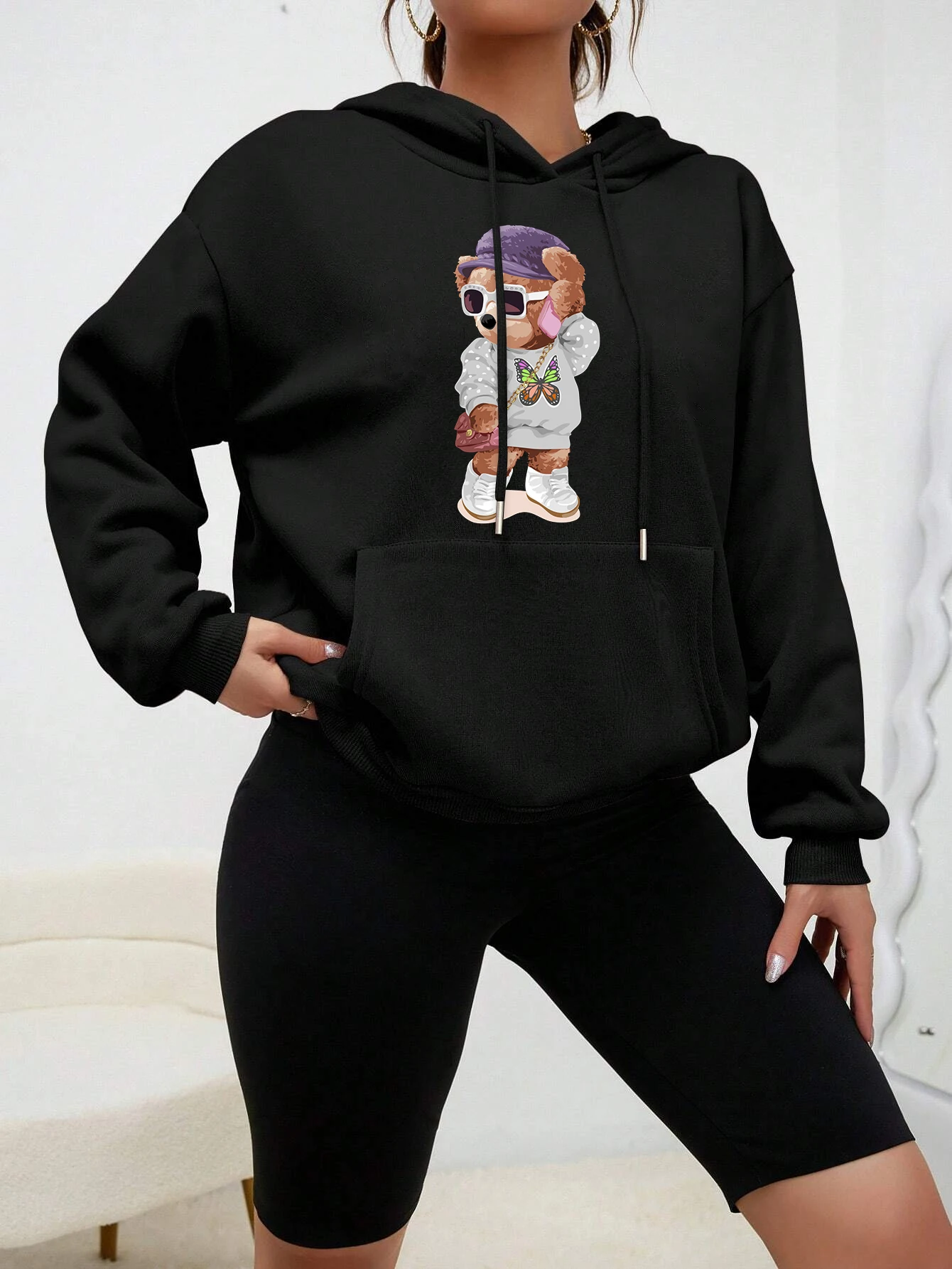 Stylish Teddy Bear Girl Cute Printing Hoody Women Cartoon Comfortable Hoodies New Fleece Streetwear Casual Female Pullovers