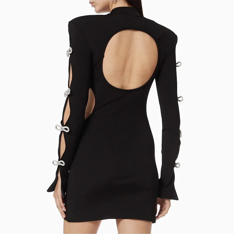 مثير عارية الذراعين القوس الأسود قطع طويلة ضمادة Bodycon فستان 2025 المرأة المشاهير أنيقة مساء فساتين عيد ميلاد فاخرة Vestido