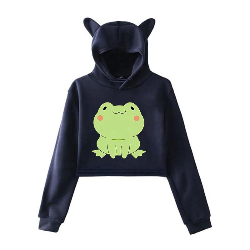 Neuer y2k kurz geschnittener Pullover niedlicher Frosch druck Sweatshirt Frauen Mädchen Katzen ohren Hoodie