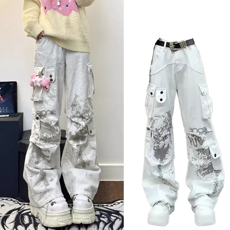 

Autumn Winter American Subculture White Cargo Jeans for Women High Waist Slim Fit Loose Wide Leg Pants Trendy Streetwear Style