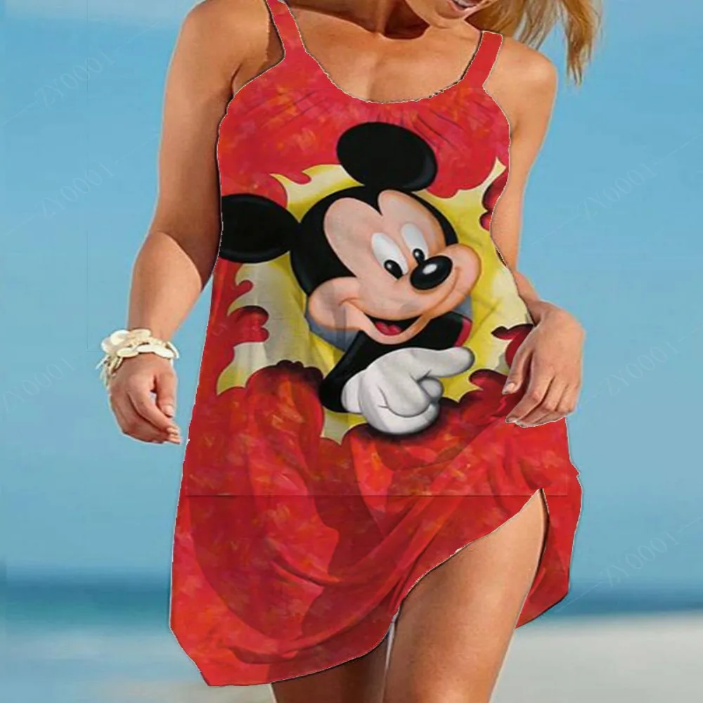 

Disney Cartoon Character Pattern Printed Comfortable Women's Summer Suspender Beach Dress Sexy Fashion Knee-length Skirt