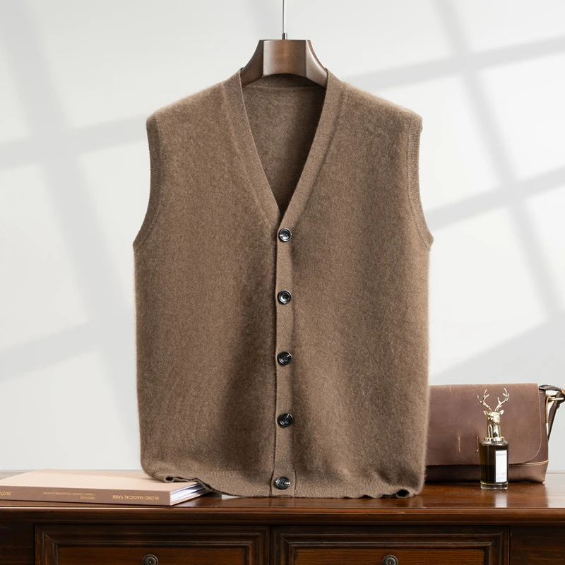 

Высококачественный козий кашемировый жилет для мужчин, осенне-зимний повседневный вязаный деловой свитер с v-образным вырезом, кардиган без рукавов, жилет