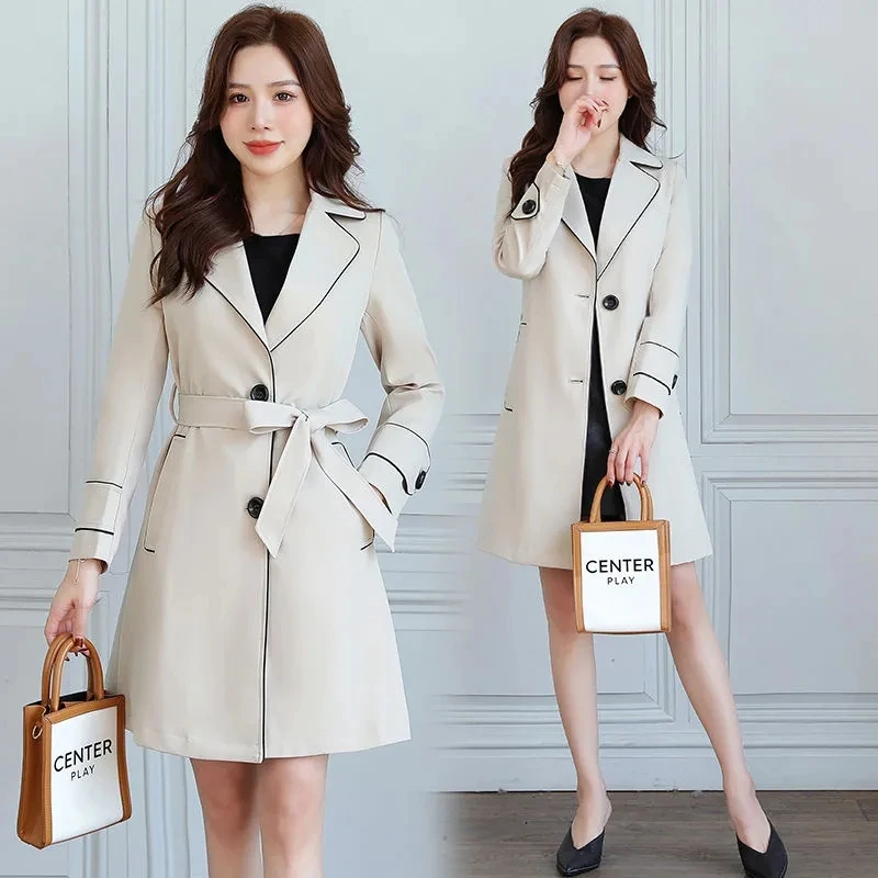2025 New Suit Collar Trench Coat Spring And Autumn Fashionable Mid Length Jacket Female Double Layered Outwear White Windbreaker