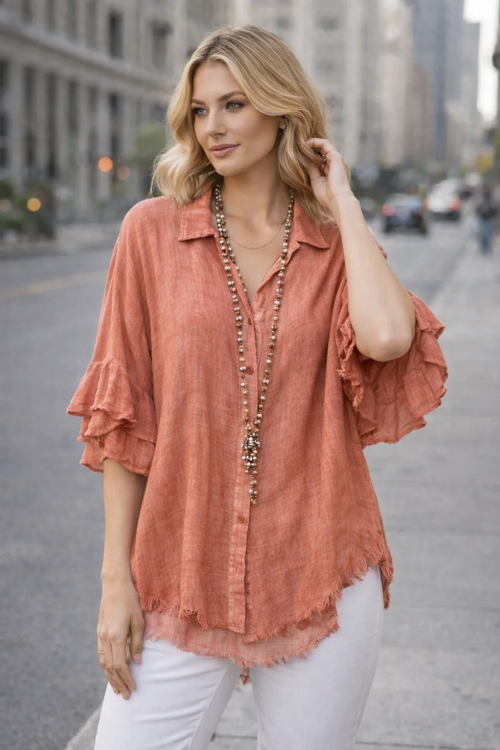 

2026 Summer New Bohemian Style Distressed Frayed Edge Shirt Women's Loose Double Layer Ruffle Sleeve Turn-Down Collar Cardigan Top for Daily Casual Wear