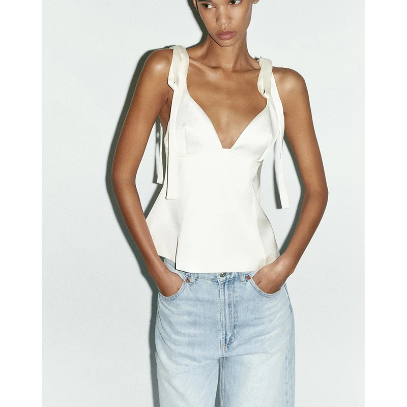 صيف جديد إمرأة بسيط Sle V-ne Svel عقدة الحرير الساتان يشعر حزام علوي التصميم الأصلي سليم صالح البوليستر...