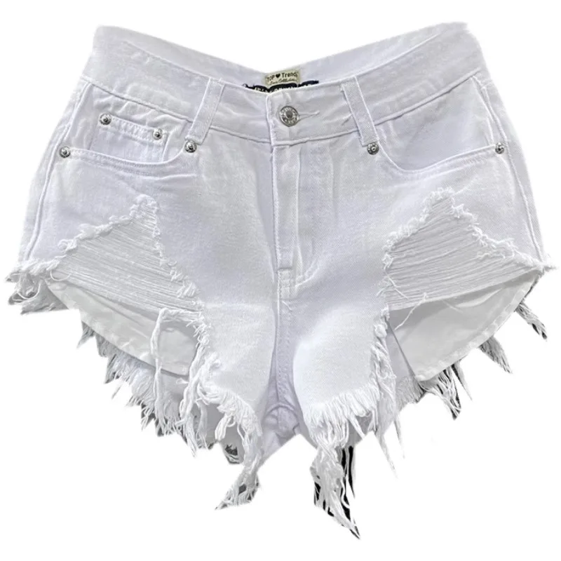 

Sexy Low Waist White Denim Shorts Women's New 2025 Summer Fashion Ripped Tassel Raw Hem Wide Legs Short Jeans r44