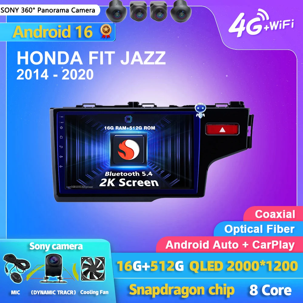 Android 16 Carplay Auto 2K Screen Car Radio Multimedia Player For HONDA FIT JAZZ 2014-2020 DSP 2din Autoradio Stereo Head Unit