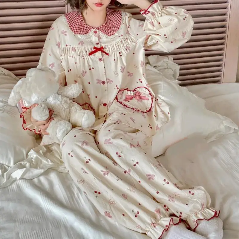 

Girl Printed Doll Collar Pajamas Sets Princess Kawaii Sweet Long Sleeves Pants Leisure Wear Spring Autumn Clothes Sleaping Wear