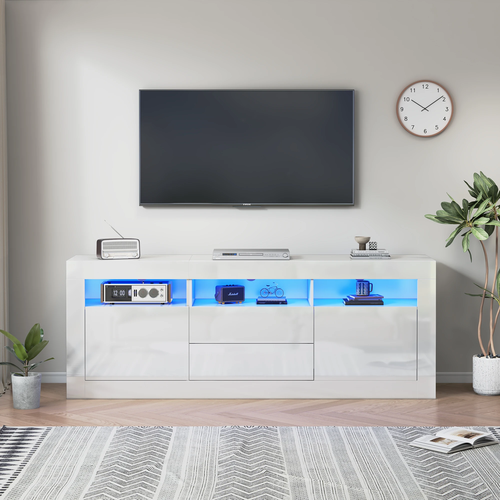 KOMHTOM Hochglanz-TV-Schrank- Mit LED-Beleuchtung, 3 offenen Fächern, 2 Türen und 2 Schubladen, für 70-Zoll-Fernseher