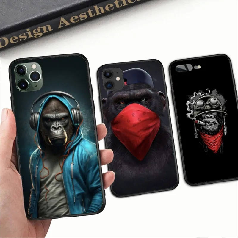 Monkey Orangutan Smart Phone Case for iPhone 14 13 12 11 XS X 8 7 6 Plus Mini Pro Max SE 2022 Black Soft Phone Cover Funda