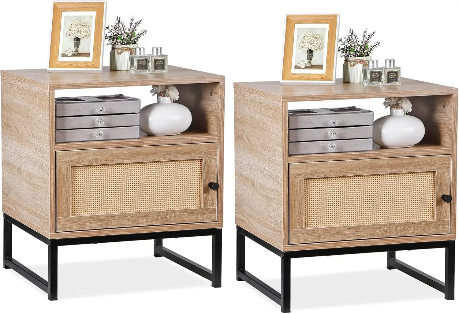 

US Rattan Nightstands Set of 2 Accent End Table Wood Bediside Table with Metal Legs