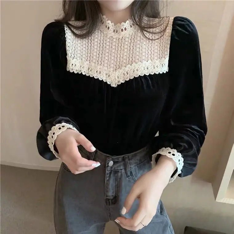 Lace Stand Up Collar Patchwork Gold Velvet Womenwith a Niche DesignNew Autumn and Winter Styleswith a Trendy Western Style Tops