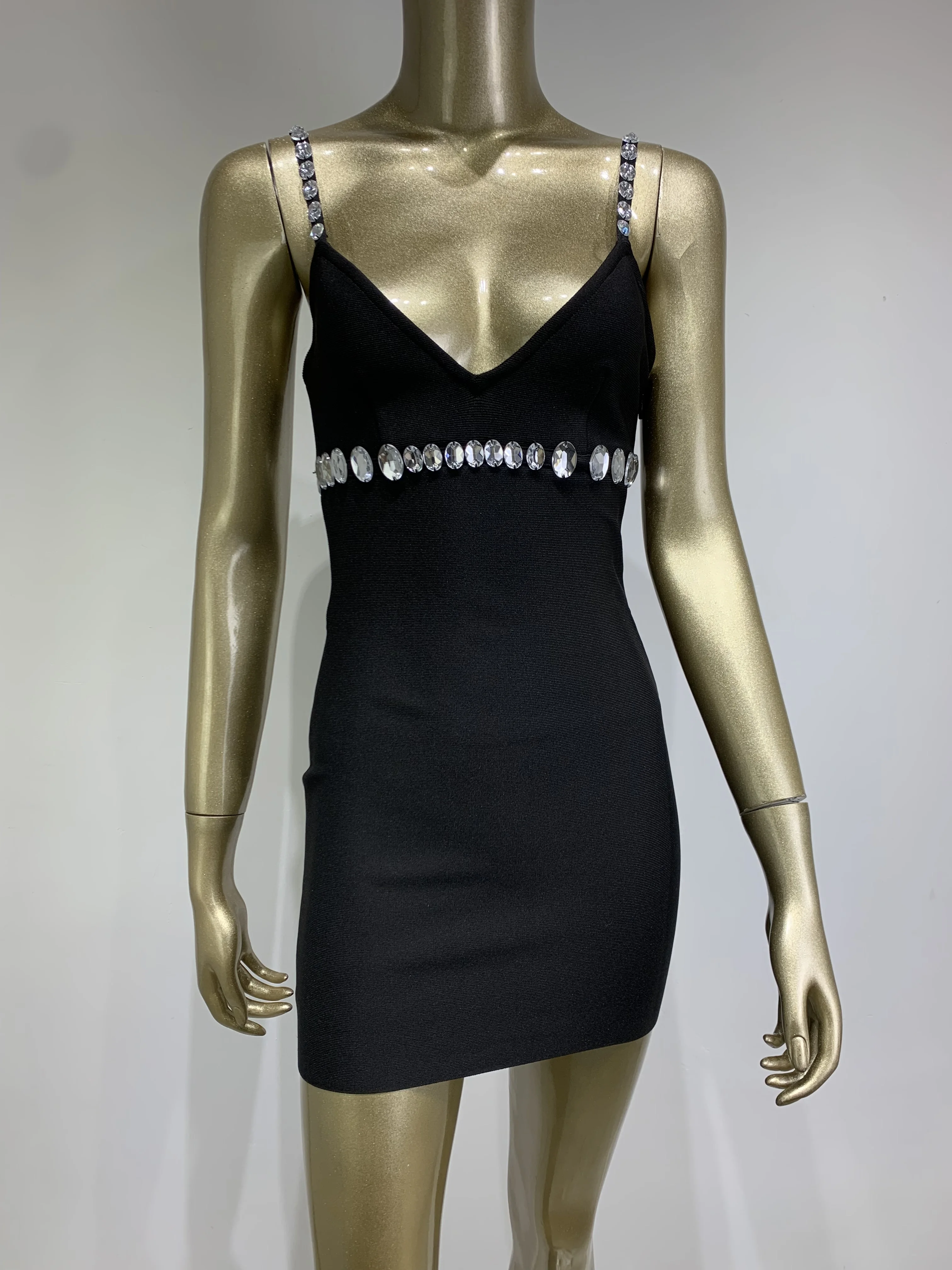 Imagem -05 - Vestido de Bandagem Preto Mini Bodycon Feminino Decote v Miçangas de Diamantes Sexy Festa de Aniversário Boate Novo Moda Verão