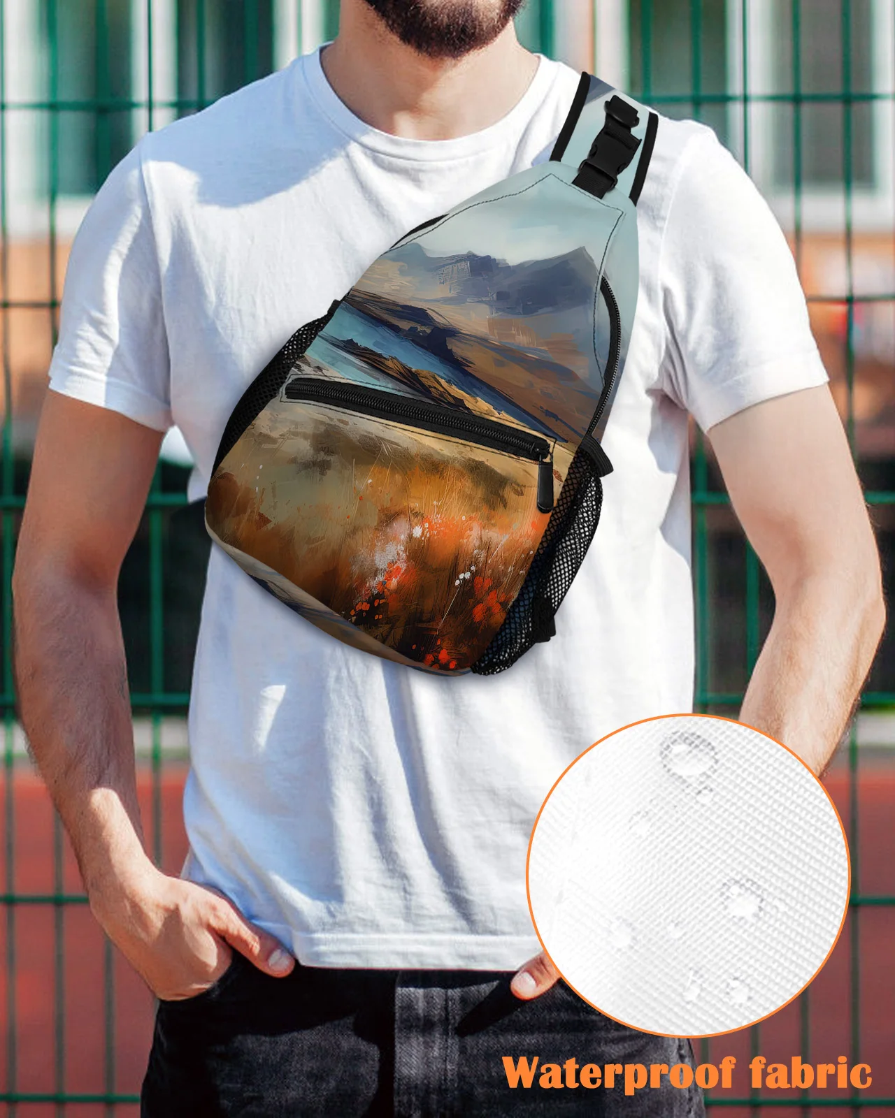 Mountains Clouds Stones Oil Painting Chest Bag for Man Women Casual Crossbody Bag Travel Shoulder Bag Large Capacity Sling Bag