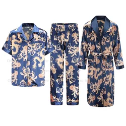 Print Sleepwear Male Satin Pajamas Suit Ice Silk Shirt&pants Long Sleeve Bathrobe Gown Men Homewear with Pocket Loungewear