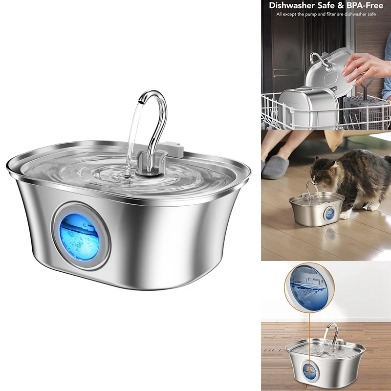 Cat Water Fountain With Water Level Window,Stainless Steel Automatic Pet Water Fountain,Dog Water Dispenser Durable ,EU Plug