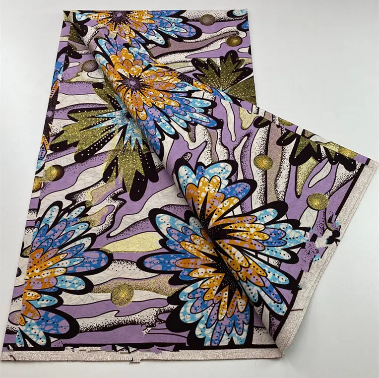 أحدث نسيج الشمع الذهبي الكبير الأفريقي الناعم عالي الجودة للنساء Pagne Flash Gold Print Batik أنقرة قماش شمع ذهبي لامع
