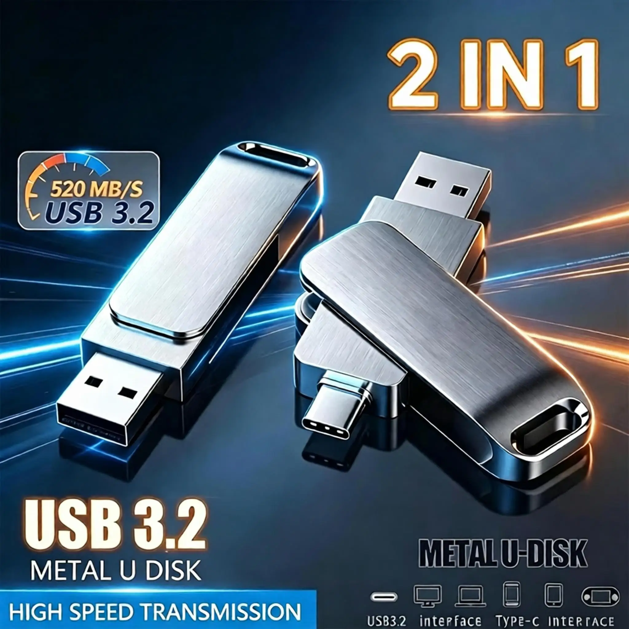 New USB3.2 512GB High Speed Cache USB Drive 2 in 1 Type-C Memory Stick Real Capacity for Phone PC Laptop Data Transfer New