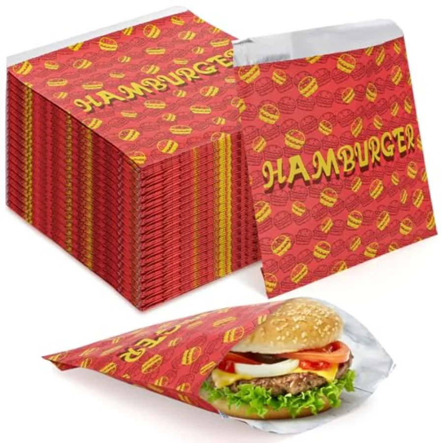 

200 Pack GreaseProof Hamburger Bags for Takeout Food: Disposable Paper Wrappers with Warming Foil to Retain Heat Ideal for Popc