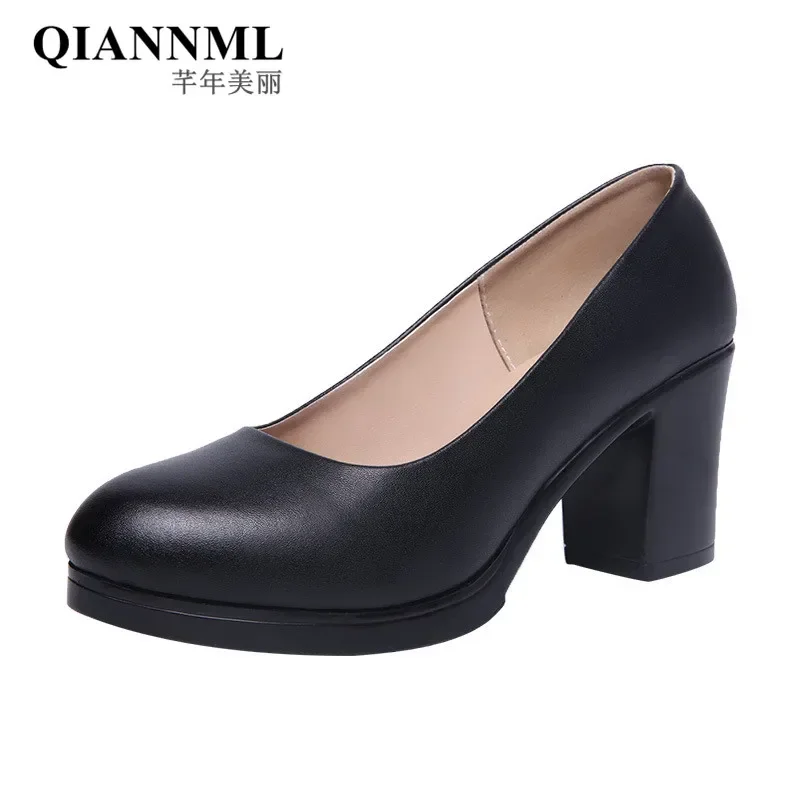 6cm Small Size 32-43 Shallow Formal Dress Shoes Women Pumps 2024 Black Med Block Heels Shoes Platform for Office Court Work Mom