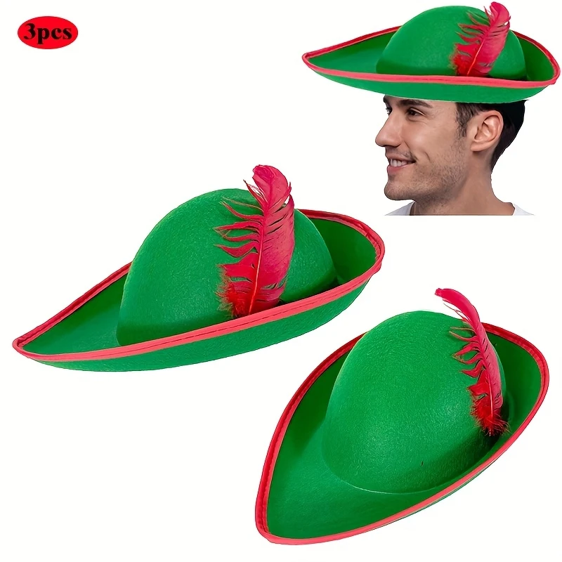 3PCS Archer Felt Hats with Red Feathers Green St. Patrick Hat Robin Hood Hat Alpine German Hat Halloween Party Gifts for Adults