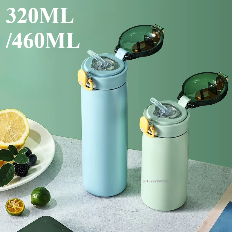 Taza aislada de acero inoxidable, taza de vacío de doble pared, botella de agua térmica a prueba de fugas de 320/460ML con pajita para deportes al aire libre en el hogar