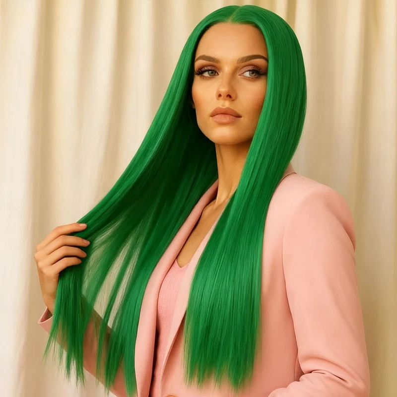 

Зеленый 28-дюймовый прямой синтетический парик элегантно и модно, подходящий для ролевых вечеринок и Хэллоуина.