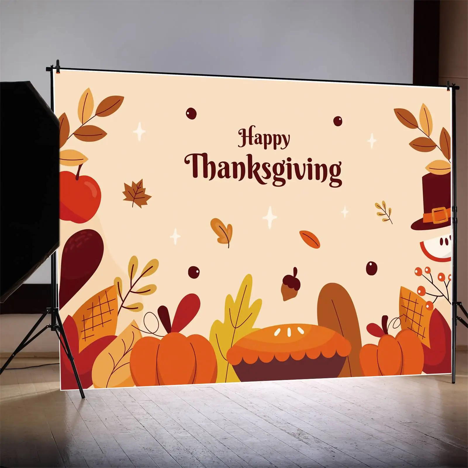 

MOON.QG Backdrop Happy Thanksgiving Decoration Background Autumn Harvest Pumpkin Corn Bean Leaves Party Props Photo Booth Banner