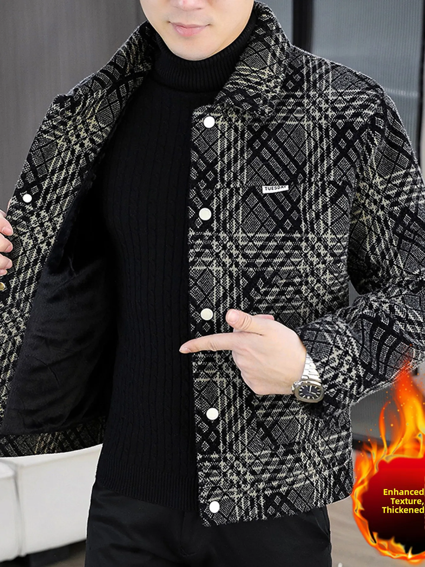 

Men's Winter Plaid Woolen Jaet Thiened Fce Lined ort Sle Warm Stand Fit Casual Wear Polyester Fiber Coat