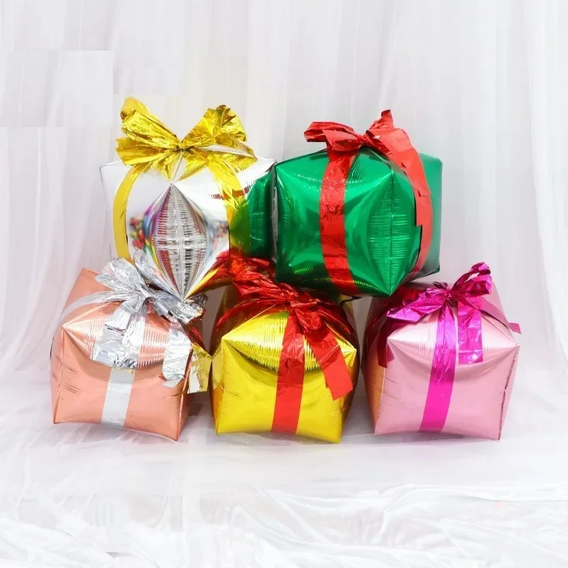 صناديق هدايا مكعبة، بالونات من رقائق معدنية لتزيين عيد الميلاد مع شريط هدية عيد ميلاد سعيد، صندوق هدايا عيد الميلاد الداخلي للمنزل #6
