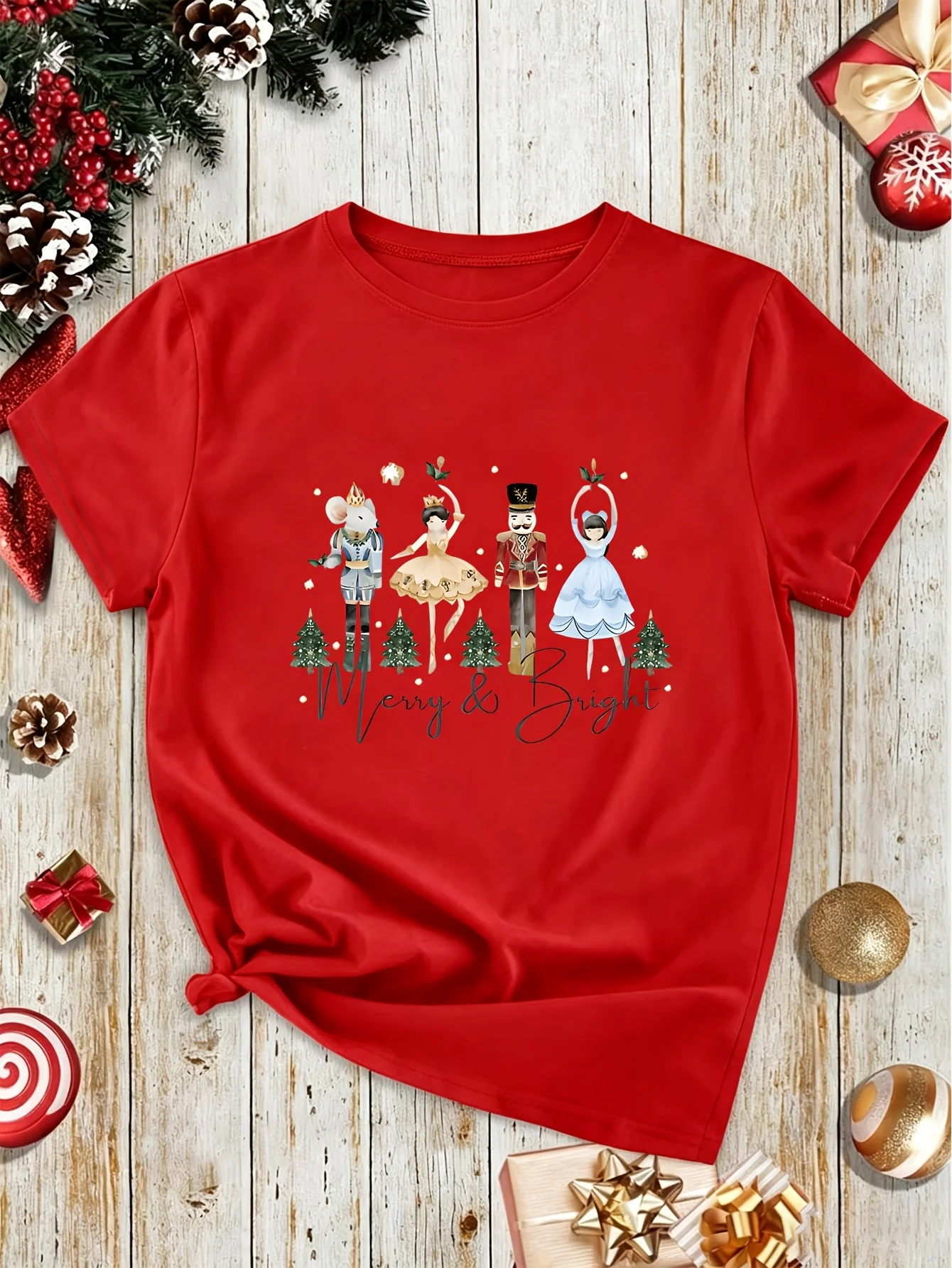 Women's Round Neck Short Sleeve T-Shirt with Mr Walnut and Princess Cartoon Print Casual Comfortable Stylish Circle Pattern
