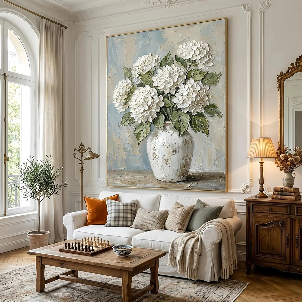 white hydrangea painting on canvas , Abstract Floral Art,Textured Canvas for livingroom, modern home decor, no frame