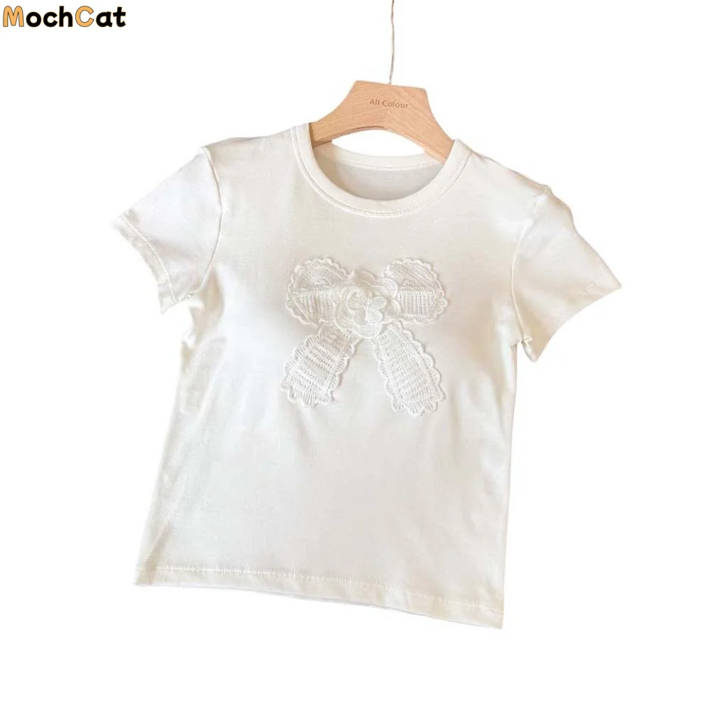 

Casual Top Cotton Korean Bow T-shirts Bowknot With Chest Pads Y2K Crop Tops Spicy Girl Korean Style Short Shoulder Tops Summer