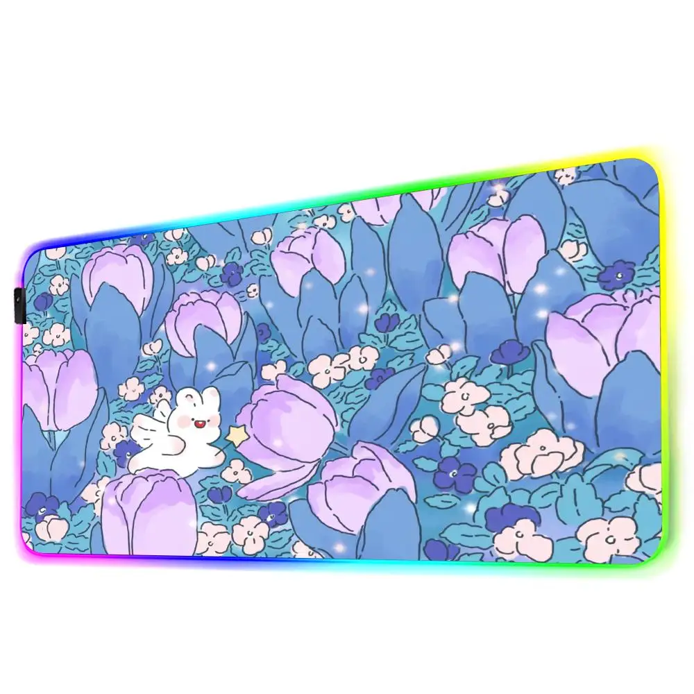 Cute Tulips Flower Bunny RGB Mouse Pad Desk Cute HD Desk Pad Extended Gaming Keyboard Mats Large XXL Gamer Mousepad 90x40