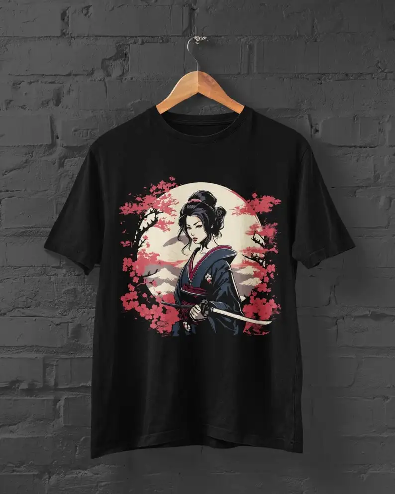 

Moonlight Geisha TShirt Japan Sakura Anime Japanese Women Japanese Harajuku Geisha Y2K Top