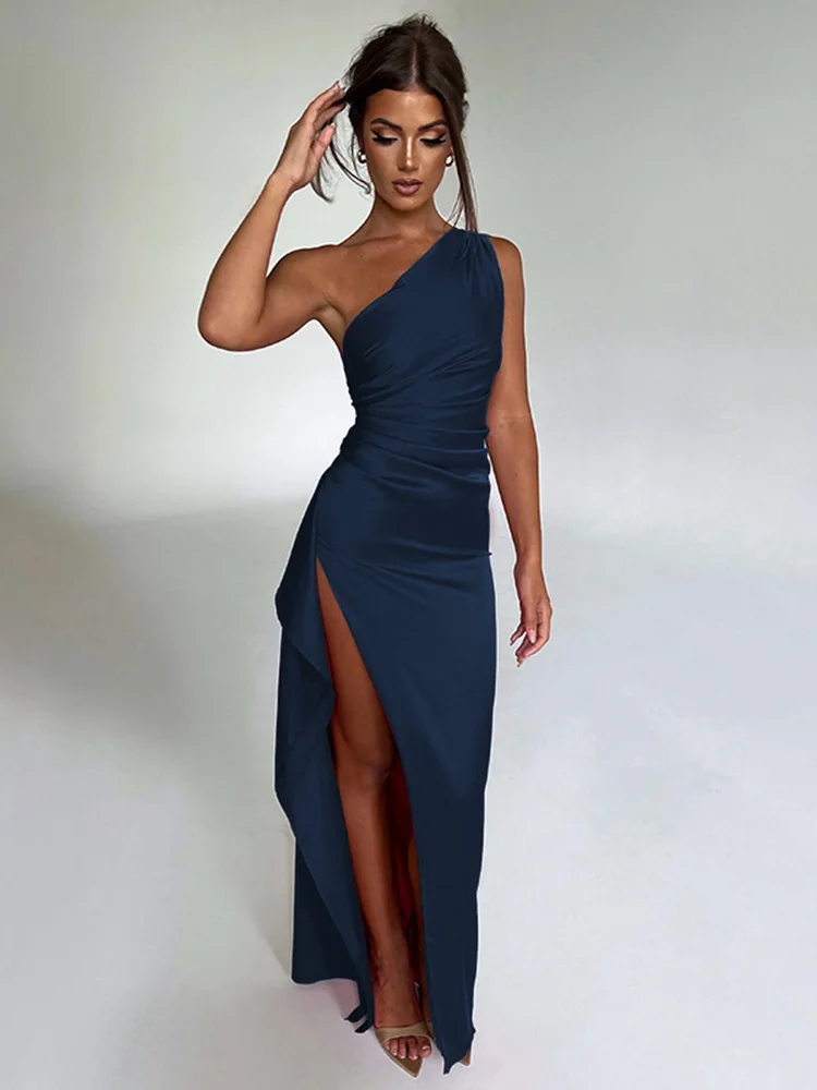 2025 Fashionable Women's Spring and Autumn Party Evening Dress Temperament Solid Color One Shoulder Ruched Slit Sexy Satin Dress