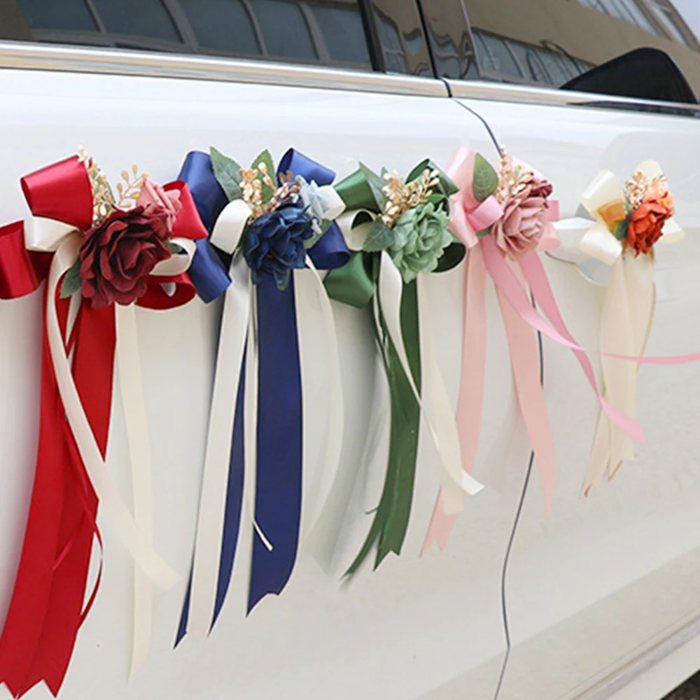 Hochzeitsauto-Dekoration Weiße Rosen-Schleife, Künstliche Blumen Autotür-Griffband Ornament für Brautfahrzeug Party-Dekor – Detail 5